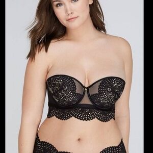 CACIQUE Longline Black Lace Scalloped Lightly Lined Strapless Bra Plus Size 44F